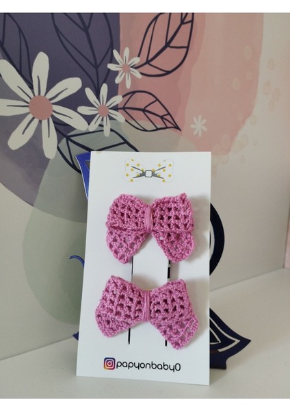 2'li Set Örgü Fiyonk Toka - Koyu Pembe - Organik & El Yapımı