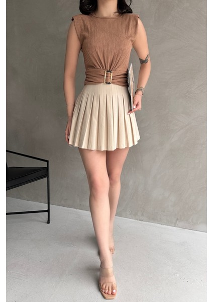 Omuzu Vatkalı Beli Kemerli Bürümcük Bluz fiyatları