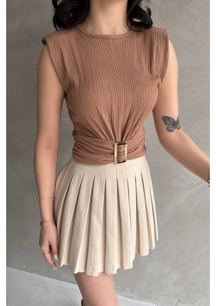 Omuzu Vatkalı Beli Kemerli Bürümcük Bluz modelleri