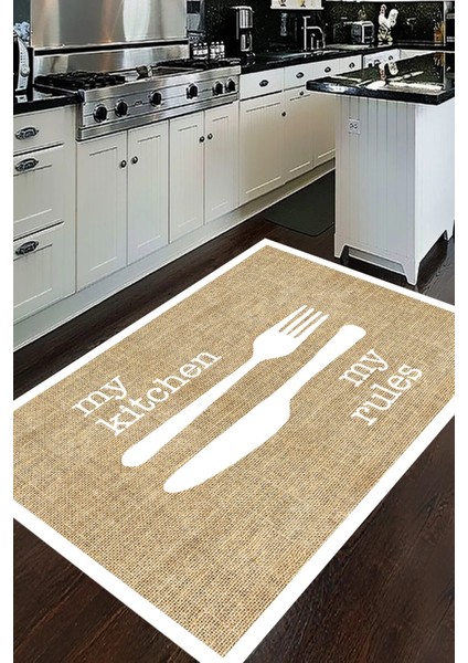 Dijital Kaymaz Yıkanabilir Mutfak Jüt Gör. Kıtchen Beyaz Çerçeveli Mutfak Halısı DC-5050
