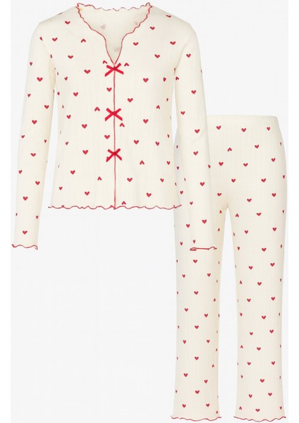 Kadın Pamuklu Çıtır Çiçek Desenli Baby Overloklu Fiyonk Detaylı Uzun Kollu Pijama Takımı