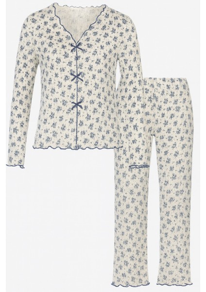 Kadın Pamuklu Çıtır Çiçek Desenli Baby Overloklu Fiyonk Detaylı Uzun Kollu Pijama Takımı