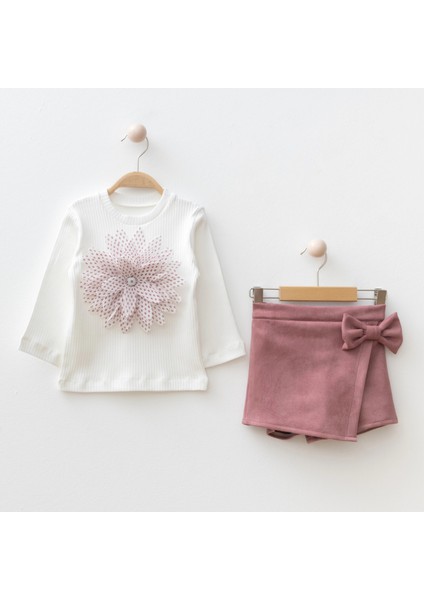 Çiçek Aksesuarlı Şort Etekli Kız Çocuk Takım