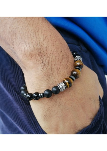 Kaplan Gözü Oniks Hematit Doğal Taş Bileklik Erkek Bileklik Mdbe1