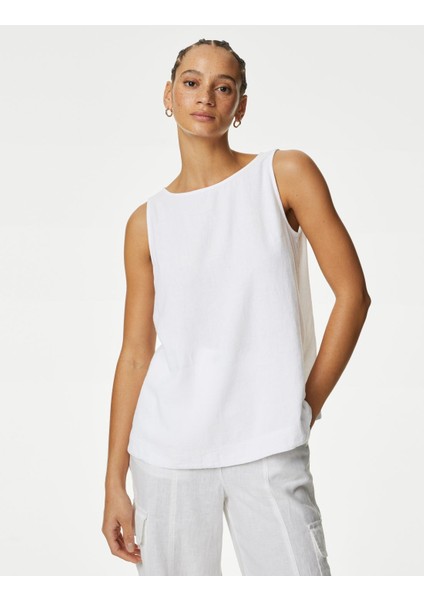 Yuvarlak Yaka Keten Bluz