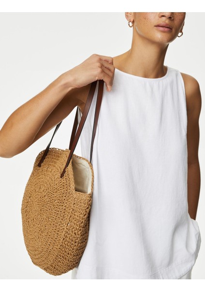 Yuvarlak Yaka Keten Bluz