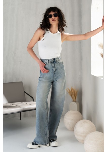 Kadın Mavi Baggy Jeans Yüksek Bel