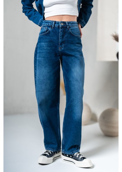 Kadın Lacivert Skater Jeans Yüksek Bel