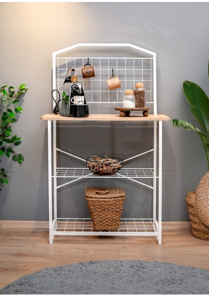 Bohem Beyaz Metal Mutfak Bangosu Safir Meşe Ahşap Kahve Köşesi Dekoratif Amaçlı Bar Masa