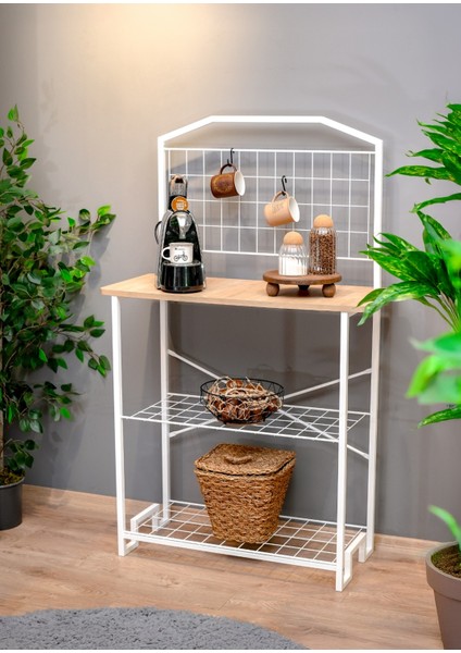 Bohem Beyaz Metal Mutfak Bangosu Safir Meşe Ahşap Kahve Köşesi Dekoratif Amaçlı Bar Masa