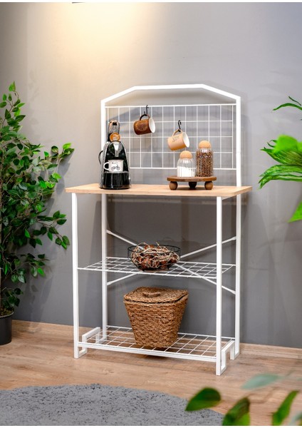 Bohem Beyaz Metal Mutfak Bangosu Safir Meşe Ahşap Kahve Köşesi Dekoratif Amaçlı Bar Masa