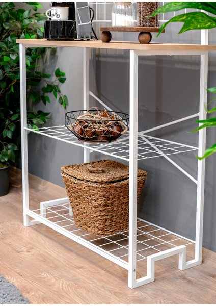 Bohem Beyaz Metal Mutfak Bangosu Safir Meşe Ahşap Kahve Köşesi Dekoratif Amaçlı Bar Masa