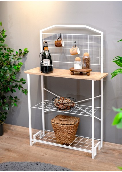 Bohem Beyaz Metal Mutfak Bangosu Safir Meşe Ahşap Kahve Köşesi Dekoratif Amaçlı Bar Masa