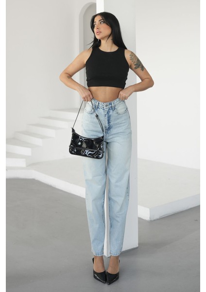 Kadın Buz Mavisi Balon Jeans Yüksek Bel