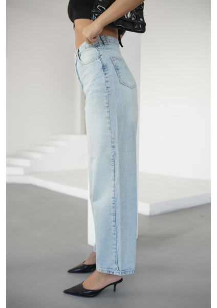 Kadın Buz Mavisi Balon Jeans Yüksek Bel indirimleri