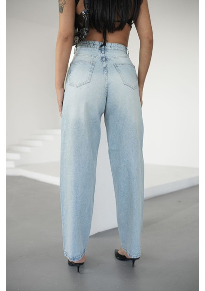 Kadın Buz Mavisi Balon Jeans Yüksek Bel
