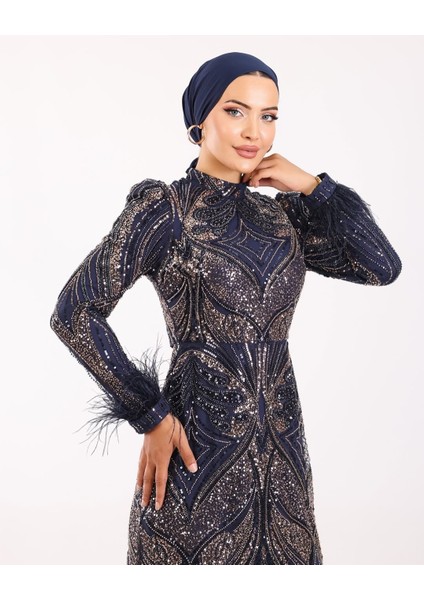 Siyah Payetli Tüy Detaylı Uzun Tesettür Abiye – Özel Gün, Düğün, Nişan, Mezuniyet Elbisesi