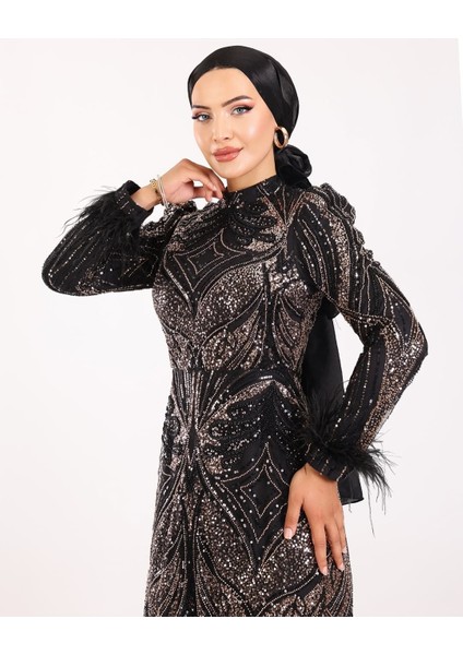 Siyah Payetli Tüy Detaylı Uzun Tesettür Abiye – Özel Gün, Düğün, Nişan, Mezuniyet Elbisesi