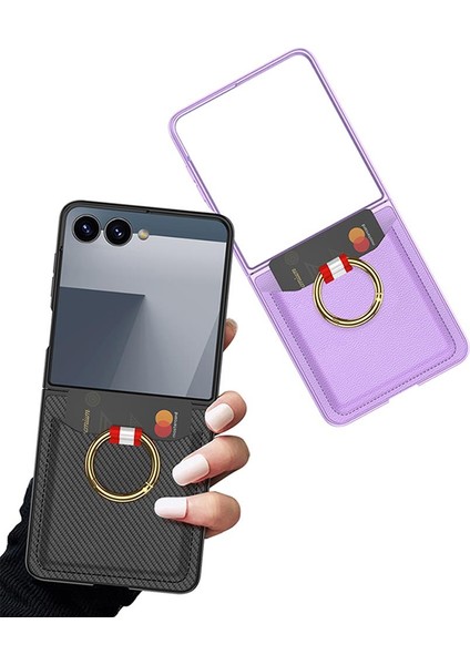Galaxy Z Flip 7 Uyumlu Yüzüklü Kartlıklı Kılıf Kamera Korumalı Pu Deri Premium Kapak modelleri