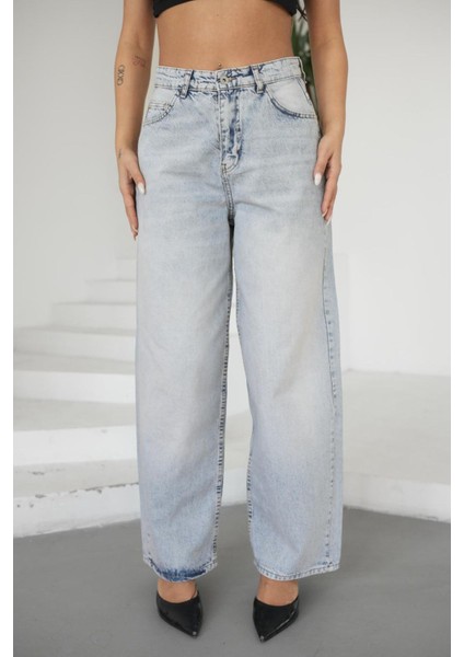 Kadın Mavi Baggy Pantolon Balon Jeans Yüksek Bel