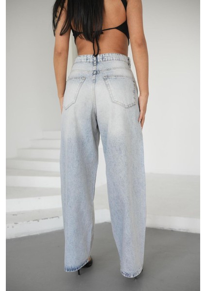 Kadın Mavi Baggy Pantolon Balon Jeans Yüksek Bel indirimleri