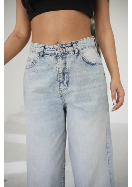 Kadın Mavi Baggy Pantolon Balon Jeans Yüksek Bel
