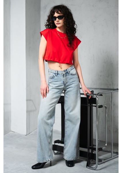 Kadın Mavi Yüksek Bel Baggy Pantolon Jeans
