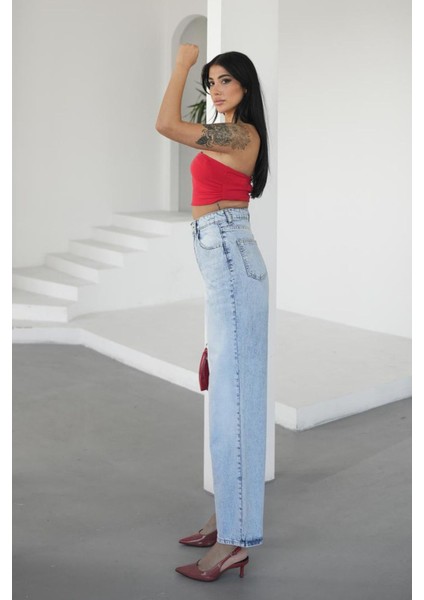 Açık Mavi Kadın Skater Jeans Bol Pantolon