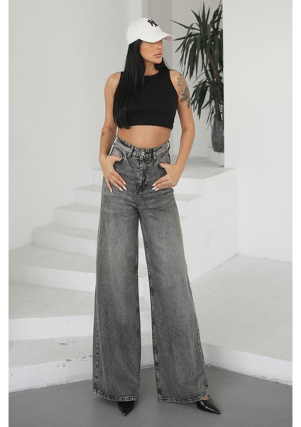 Kadın Gri Jeans Bol Paça Yüksek Bel