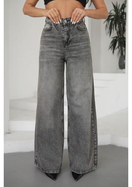 Kadın Gri Jeans Bol Paça Yüksek Bel fiyatları