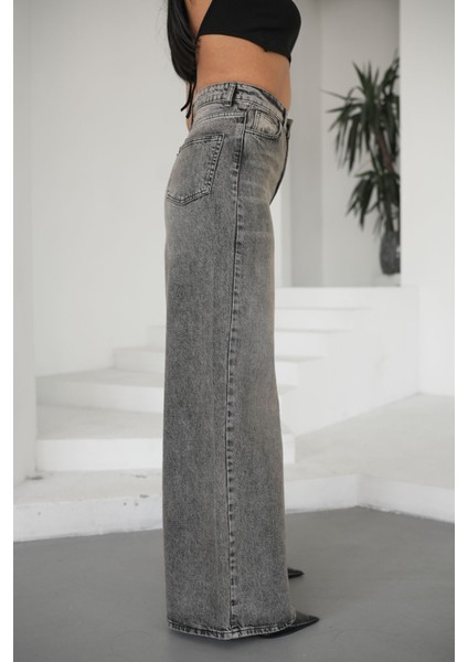 Kadın Gri Jeans Bol Paça Yüksek Bel modelleri