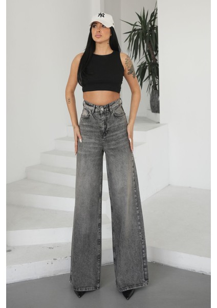 Kadın Gri Jeans Bol Paça Yüksek Bel fırsatları
