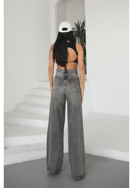 Kadın Gri Jeans Bol Paça Yüksek Bel indirimleri