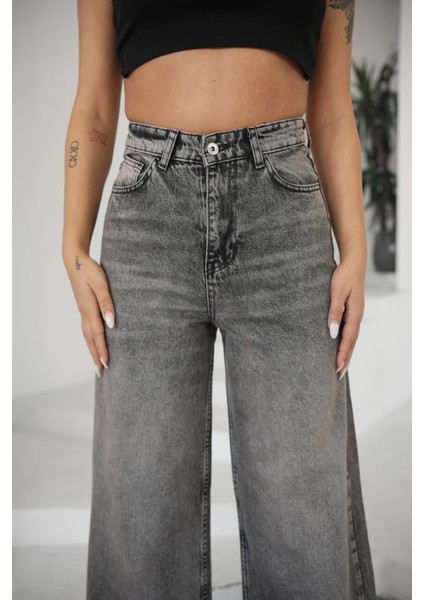 Kadın Gri Jeans Bol Paça Yüksek Bel