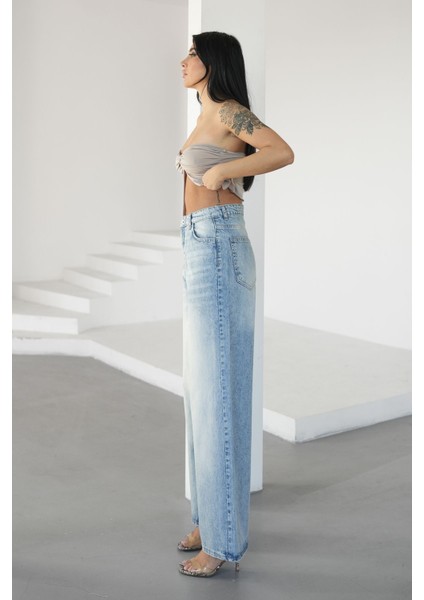 Kadın Buz Mavisi Baggy Jeans Yüksek Bel fırsatları