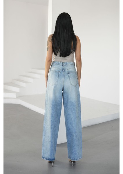 Kadın Buz Mavisi Baggy Jeans Yüksek Bel