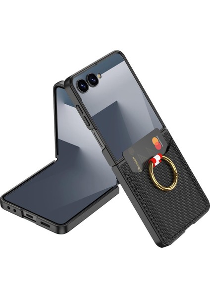 Galaxy Z Flip 7 Uyumlu Yüzüklü Kartlıklı Kılıf Kamera Korumalı Pu Deri Premium Kapak