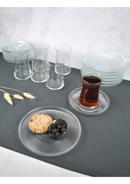 18 Parça Cam Çay Seti Takımı - Pasta Tabağı - Çay Bardağı ve Çay Tabağı Modern Kahvaltı Takımı Seti