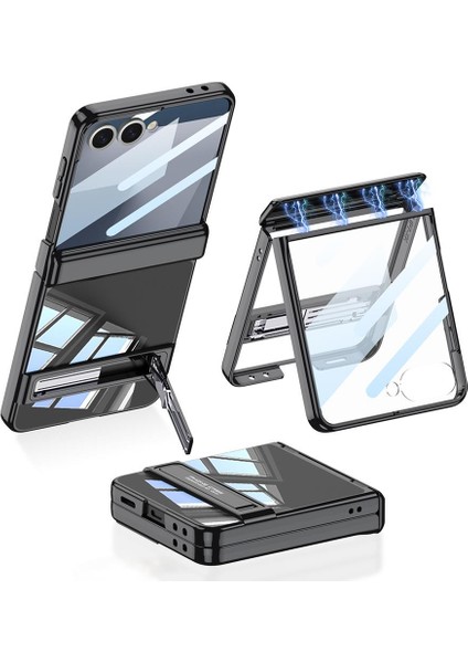 Galaxy Z Flip 7 Uyumlu Kılıf Şeffaf Arka Kapak Kick Standlı Kamera Korumalı Magnetik Menteşeli
