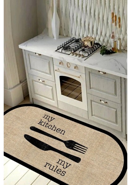 Dijital Baskılı Kaymaz Jüt Görünümlü Kitchen Siyah Çerçeveli Oval Mutfak HALISI-D5034