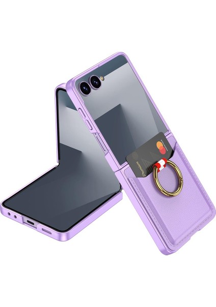 Galaxy Z Flip 7 Uyumlu Yüzüklü Kartlıklı Kılıf Kamera Korumalı Pu Deri Premium Kapak