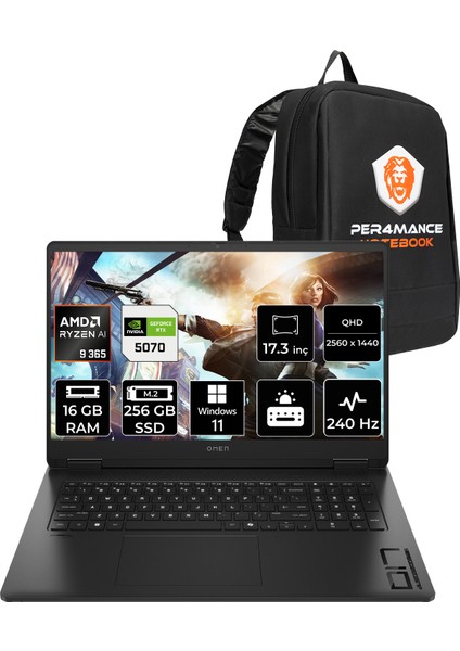 Omen 17 Amd Ryzen Aı 9 365 16GB 256GB SSD RTX5070/8GB 17.3" Qhd 240Hz Windows 11 Home Taşınabilir Bilgisayar & Per4 Çanta BV7W3EAPN355 fiyatları