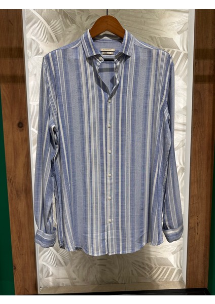 Erkek Uzun Kollu Çizgili Mavi Yazlık Gömlek 6090-16