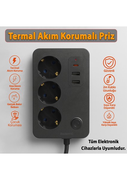 3 Prizli 3 USB Girişli Çocuk Akım Korumalı Topraklı Golyat Grup Şarj Fiş Priz 2 Metre Uzatma Kablosu