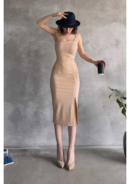 Ip Askılı Yırtmaç Detaylı Midi Boy Dalgıç Elbise