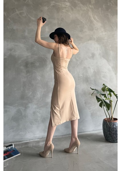 Ip Askılı Yırtmaç Detaylı Midi Boy Dalgıç Elbise fiyatları