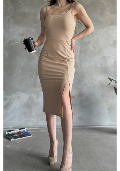 Ip Askılı Yırtmaç Detaylı Midi Boy Dalgıç Elbise modelleri