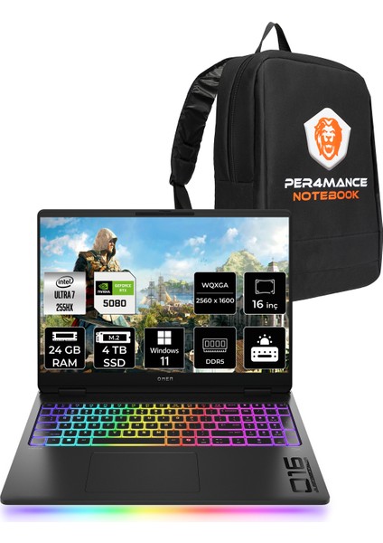 Omen Max 16 Intel Core Ultra 7 255HX 24GB 4tb SSD RTX5080/16GB 16" Qhd+ 240Hz Windows 11 Home Taşınabilir Bilgisayar & Per4 Çanta B8SQ8EAPN365 fiyatları