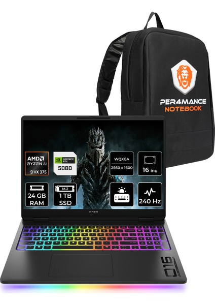 Omen Max 16 Amd Ryzen Aı 9 Hx 375 24GB 1tb SSD RTX5080/16GB 16" Qhd+ 240Hz Freedos Taşınabilir Bilgisayar & Per4 Çanta BG2U9EAPN315 fiyatları