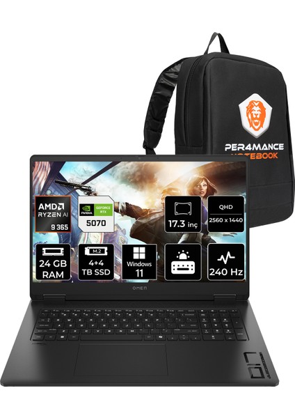 Omen 17 Amd Ryzen Aı 9 365 24GB 4tb+4tb SSD RTX5070/8GB 17.3" Qhd 240Hz W11P Taşınabilir Bilgisayar & Per4 Çanta BV7W3EAPN414